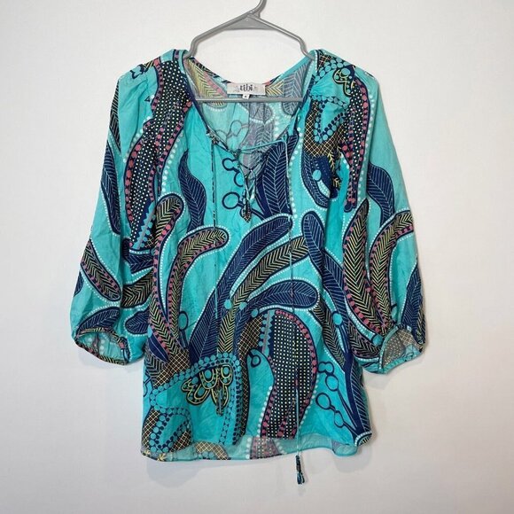 Tibi Tops - TIBI Silk Tunic Blouse Womens Size 6 Blue Balloon 3/4 Sleeve Tie Neck Printed